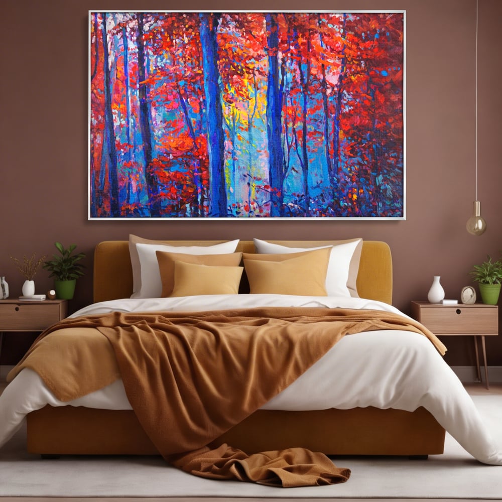 Tablou canvas cu pictura in ulei cu padure de toamna, in rama de aluminiu argintiu, pe perete intr-un dormitor